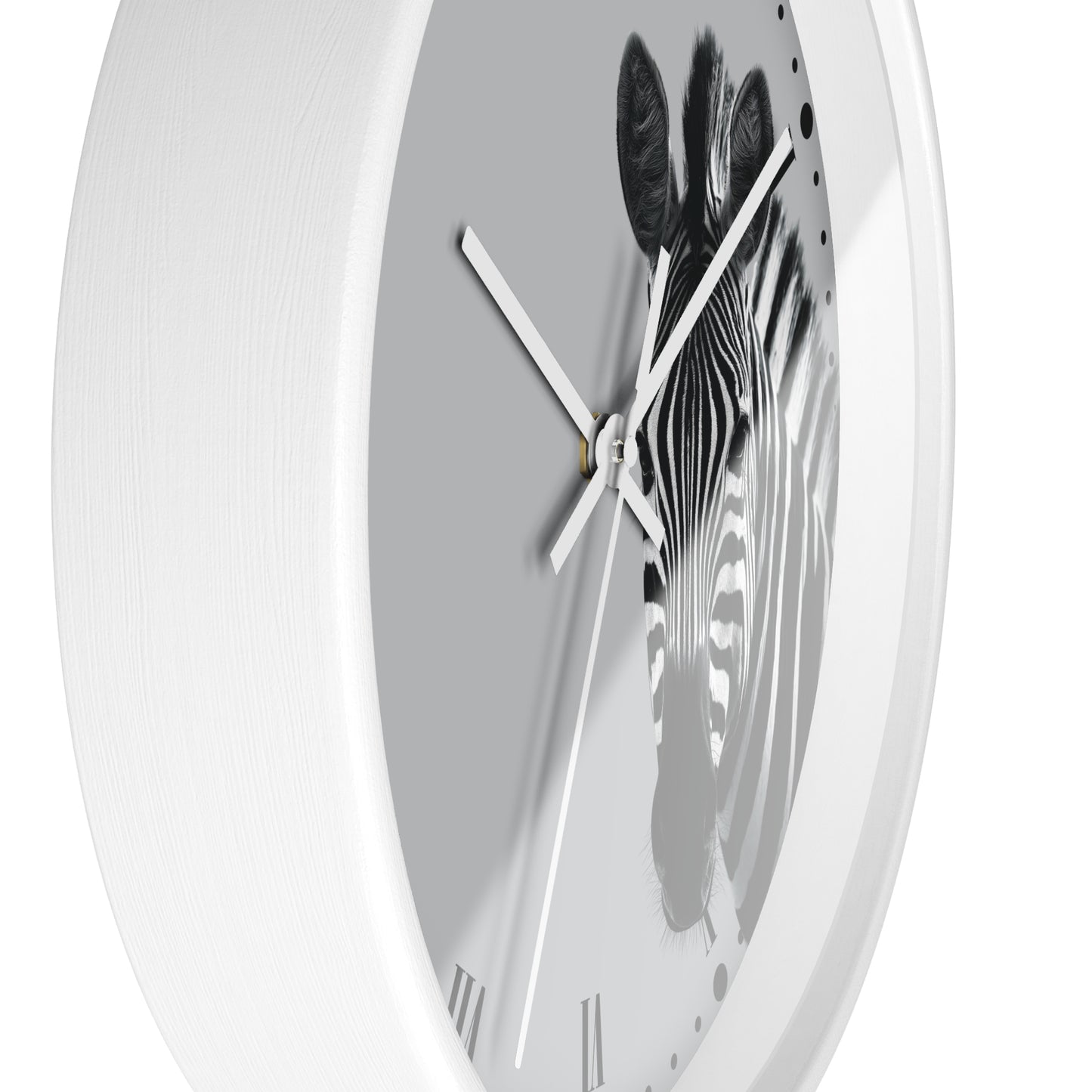 A white round wall clock with a grayscale zebra print on the face and white hands, shown against a plain white background.