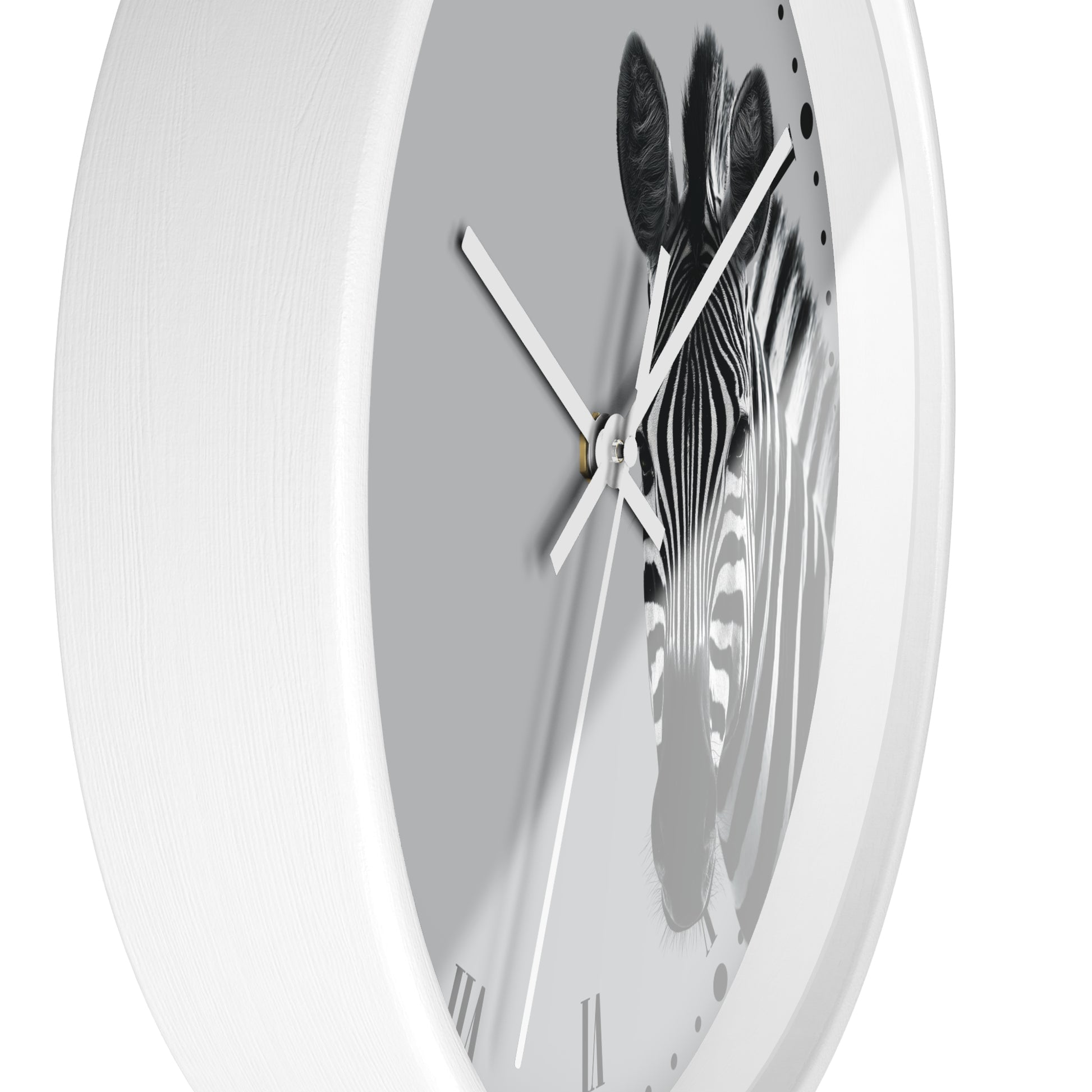 A white round wall clock with a grayscale zebra print on the face and white hands, shown against a plain white background.