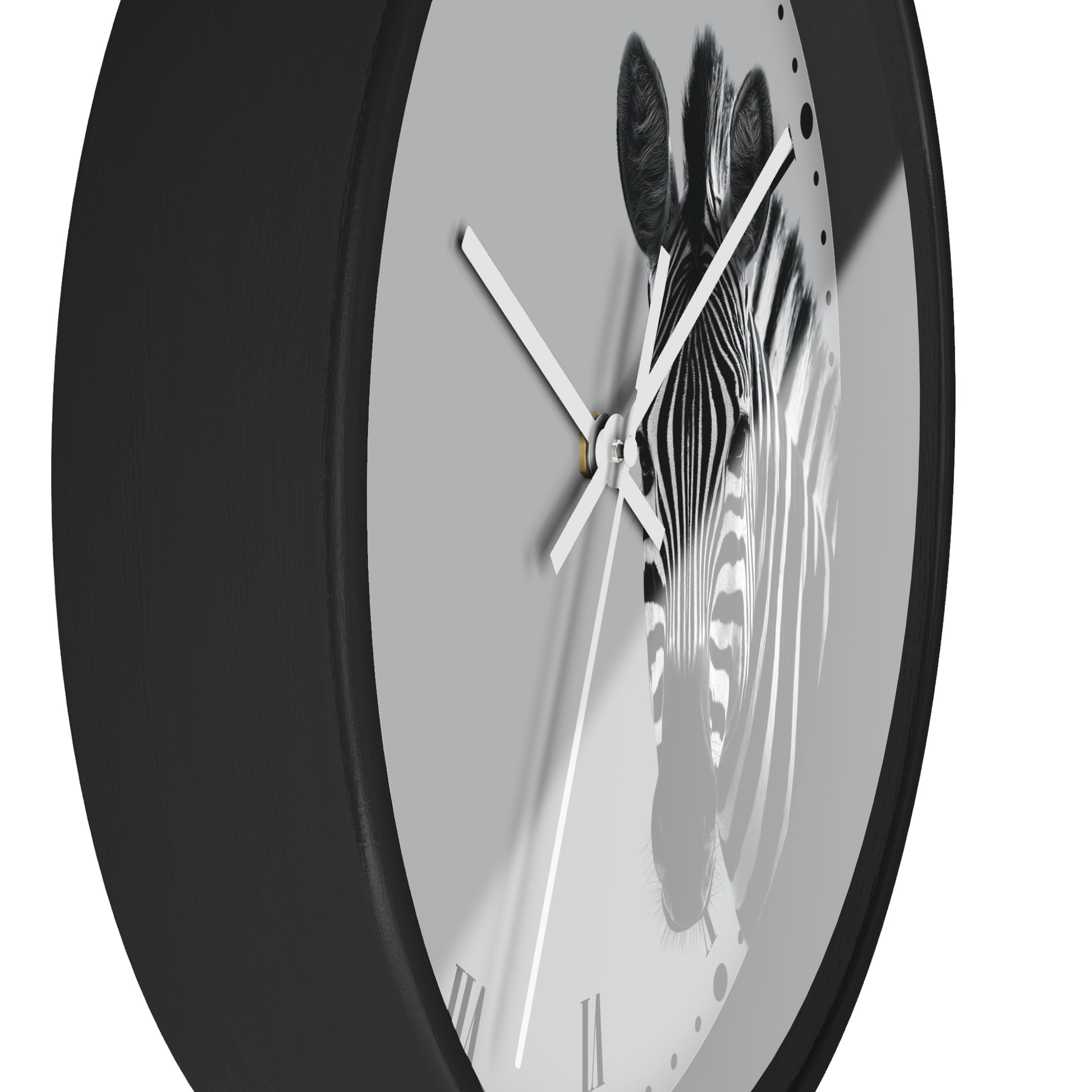 A round wall clock with a black frame and a minimalist face featuring a black-and-white zebra illustration on a light gray background.