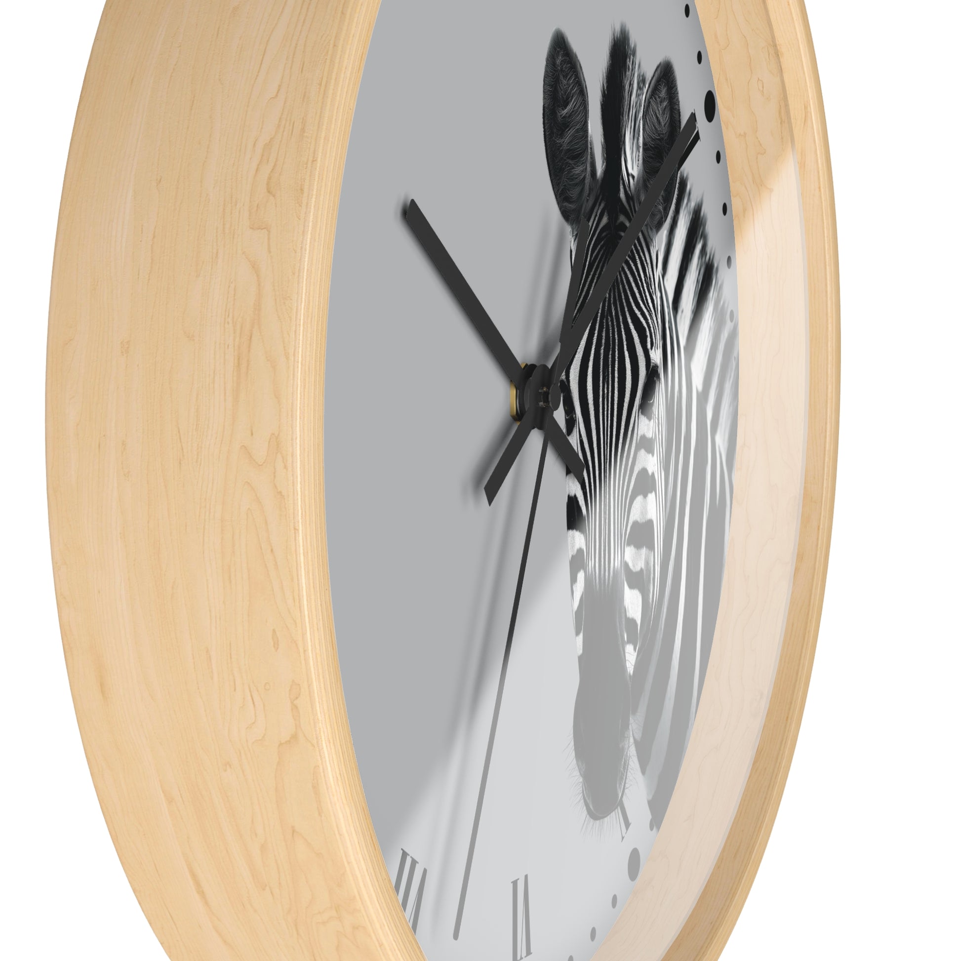 Round wall clock with a light natural wood frame and a gray dial featuring a black-and-white zebra illustration, shown on a white background.