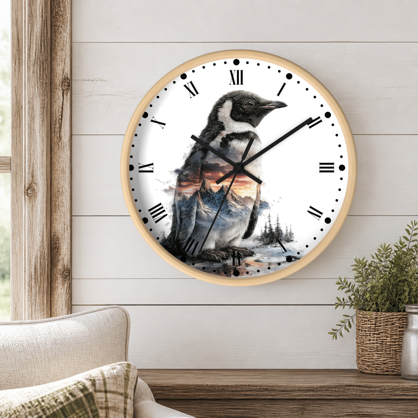 A round wall clock with a light wood frame hangs on a white shiplap wall above a wooden table. The clock face features a detailed illustration of a penguin standing on a snowy shore with mountains and a sunset in the background.