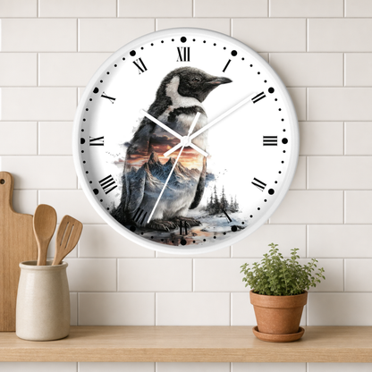 A round wall clock with a white frame and black Roman numerals, featuring a printed penguin illustration over a snowy mountain landscape. The clock is mounted on a white subway tile wall above a wooden shelf with a small potted plant and kitchen utensils.
