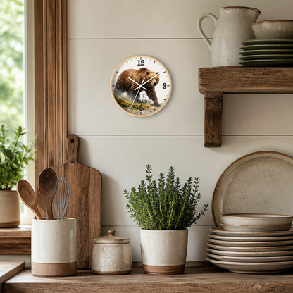 A round wall clock featuring a brown bear illustration and the text 'The Bear & The Bee' on the wall in a rustic kitchen setting with wooden shelves, ceramic dishes, and potted plants.