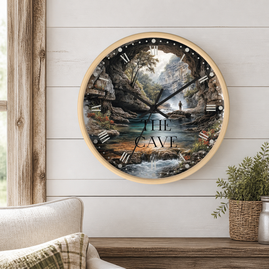 Round wood clock with a detailed angler lustration mounted on a shiplap wall. 