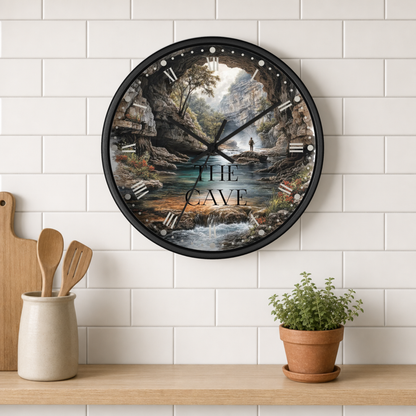 A round wall clock with a black frame and a detailed cave landscape print, mounted on a white subway tile wall above a wooden shelf with kitchen utensils and a potted plant.