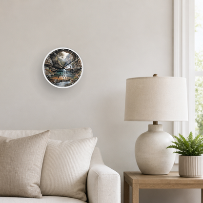 Personalized Scenic Fishing Wall Clock — Tranquil River Cave Landscape Decor for Him