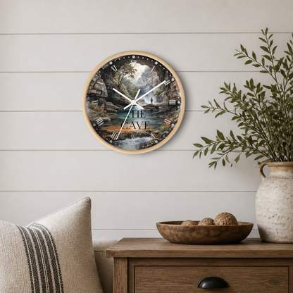A round wall clock with a light wood frame hangs on a white shiplap wall above a wooden side table. The clock face features a scenic forest illustration with the words 'THE CAVE'.