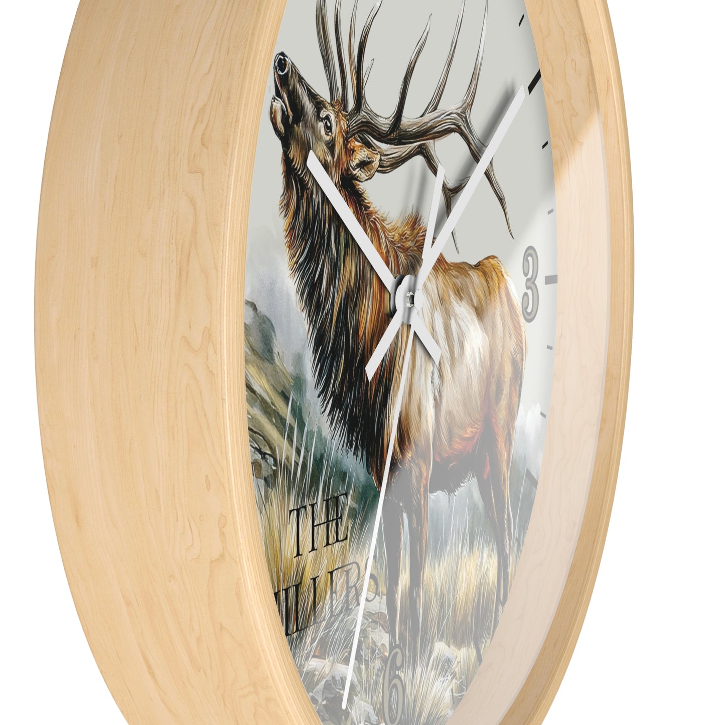Round wall clock with a light natural wood frame and a printed deer illustration on the face, shown against a plain white background.