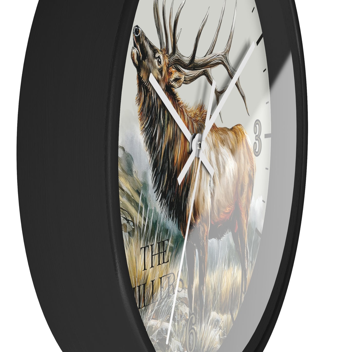 Round wall clock with a black frame and a printed design of a large elk deer on the face, shown against a plain white background.