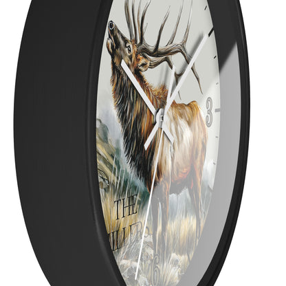 Round wall clock with a black frame and a printed design of a large elk deer on the face, shown against a plain white background.