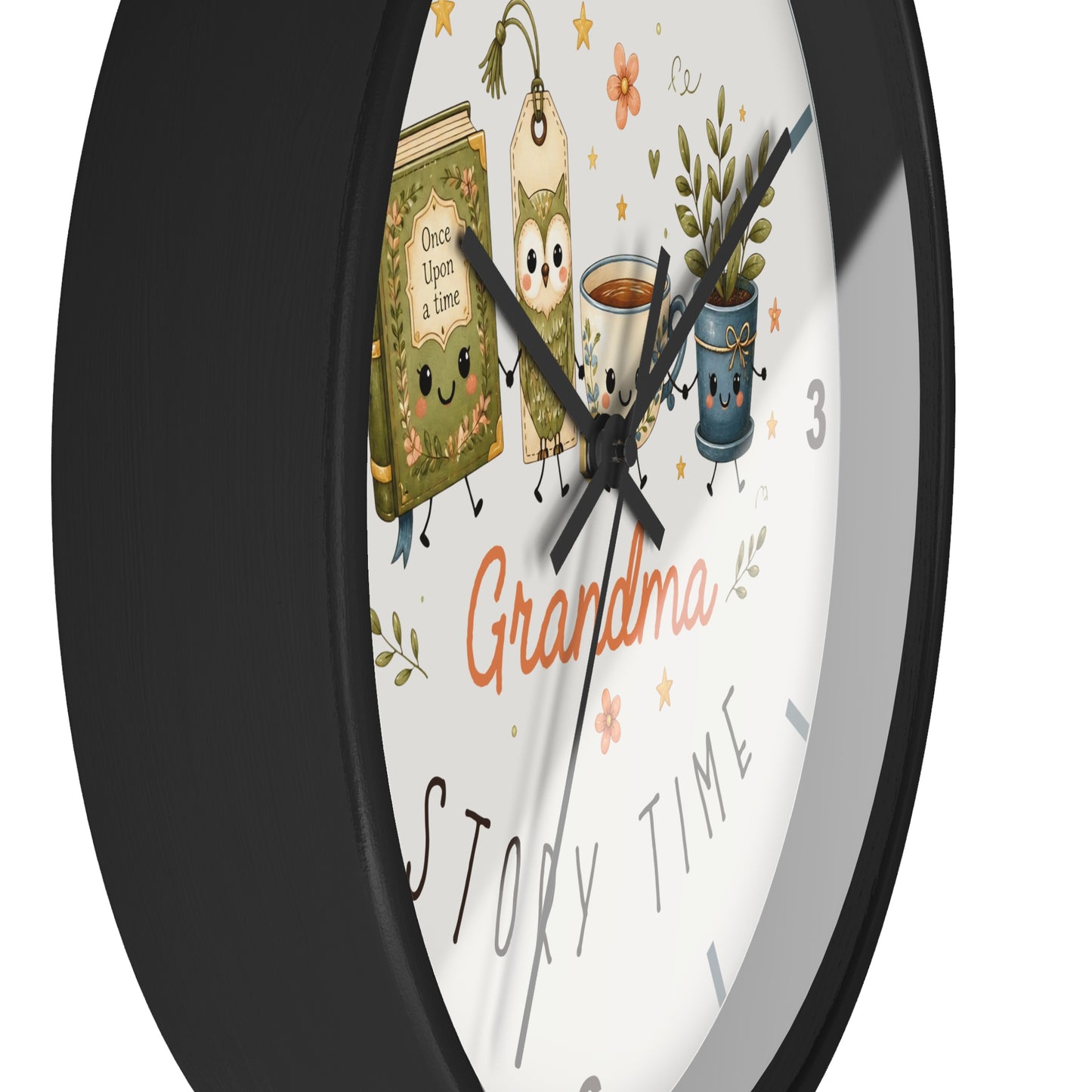 A round wall clock with a black frame and a white face featuring cute illustrated characters and the words 'Grandma' and 'Story Time.'.