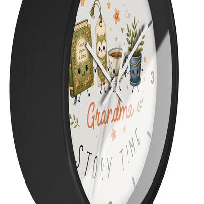 A round wall clock with a black frame and a white face featuring cute illustrated characters and the words 'Grandma' and 'STORY TIME'.