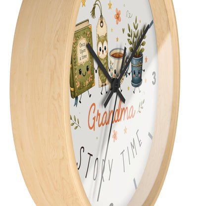 A round wall clock with a light natural wood frame and a white face featuring cute illustrated characters, the word 'Grandma' in orange script, and 'Story Time' in black lettering.