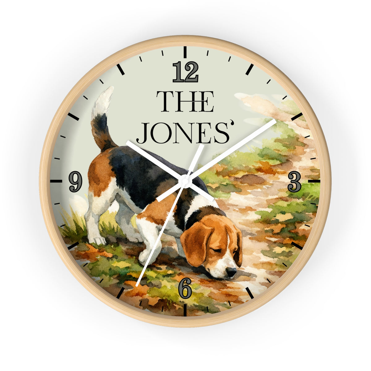 A round wall clock with a light wood frame and a printed illustration of a beagle on a path. The clock face has black Arabic numerals and the text 'THE JONES' at the 12 o'clock position.