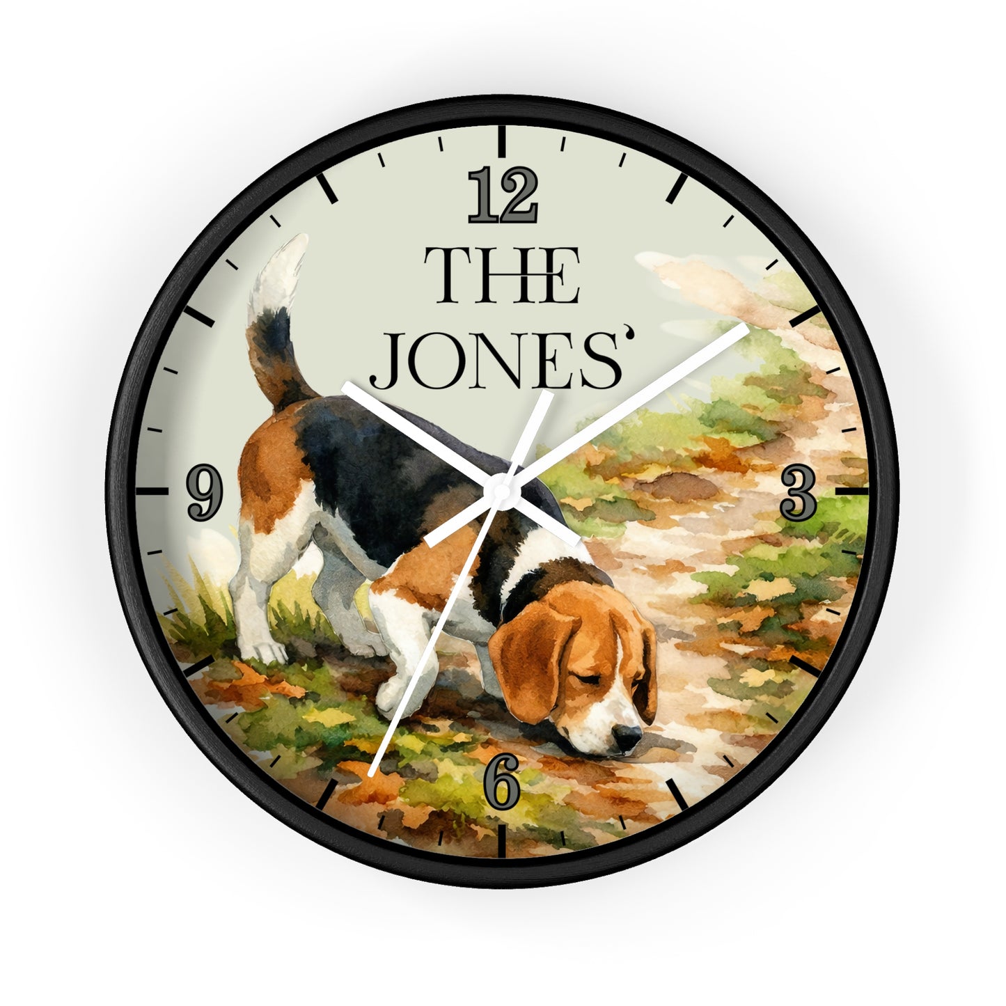 A round wall clock with a black frame and a printed dial showing a beagle dog on a path, with the text 'THE JONES' at the 12 o'clock position. The clock hands are white, and the numbers 1 through 12 are printed around the dial.
