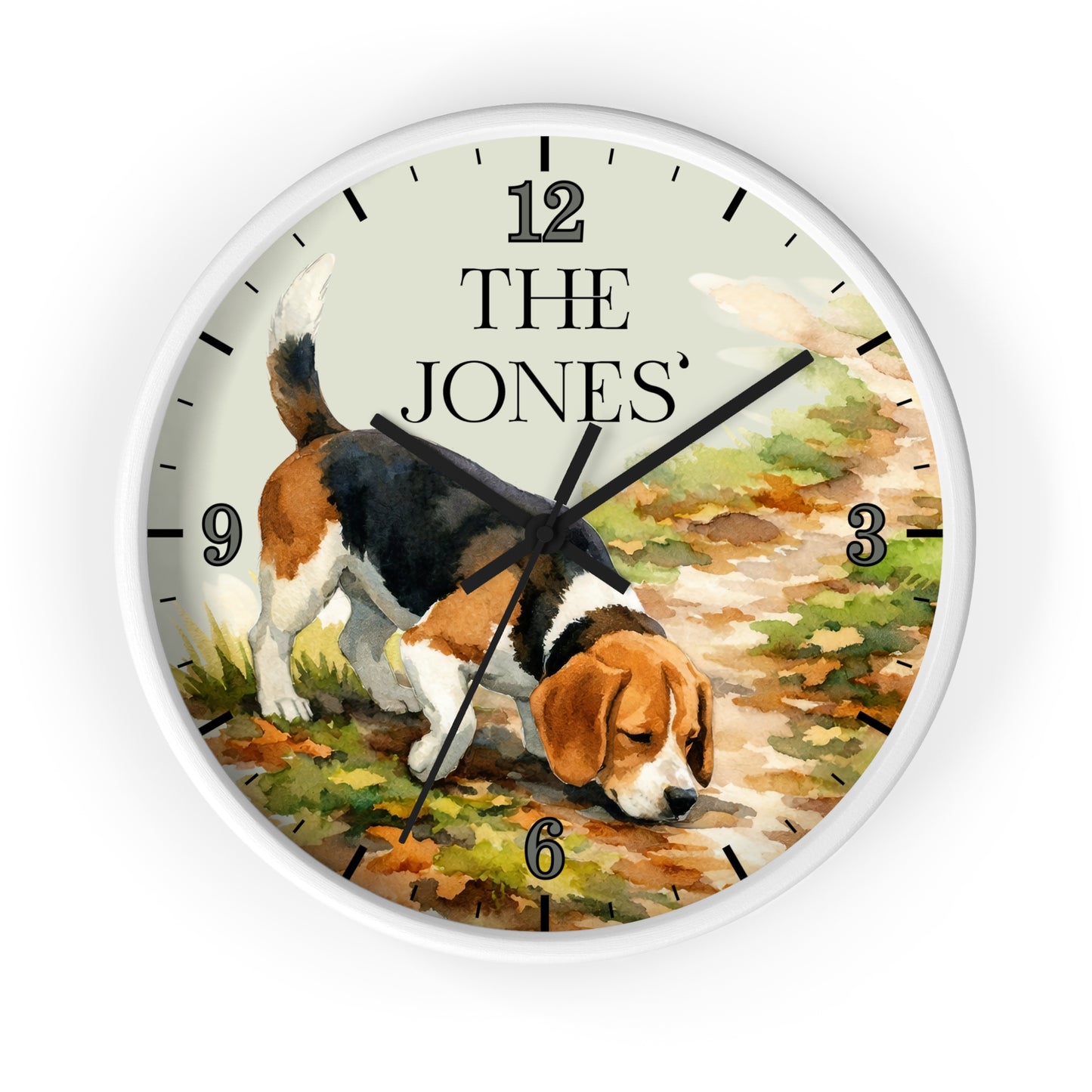 A round wall clock with a white frame and a printed illustration of a beagle on the dial. The clock face has black Arabic numerals and the text 'THE JONES' at the 12 o'clock position.