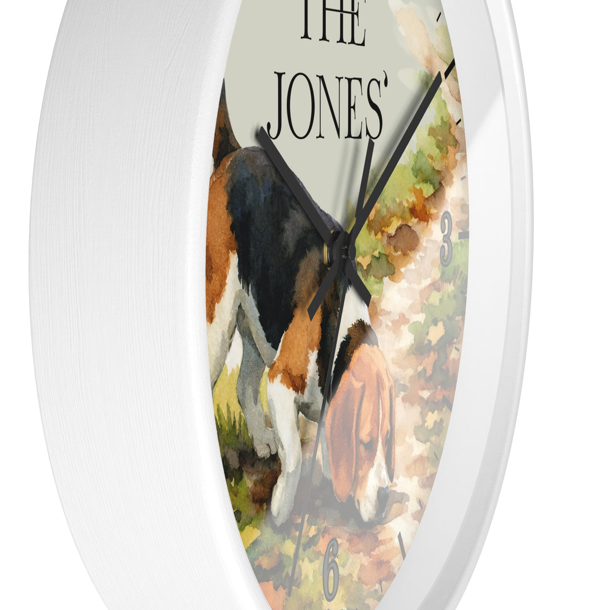 Round wall clock with a white frame and a printed illustration of a beagle dog on the face, with the text 'THE JONES' at the top.