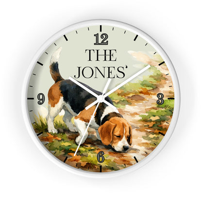A round wall clock with a white frame and a printed illustration of a beagle on a path. The clock face has black Arabic numerals and the text 'THE JONES' at the 12 o'clock position.