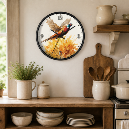 A round wall clock with a black frame hangs on a beige wall in a rustic kitchen setting. The clock face features a colorful pheasant bird perched on golden autumn leaves.