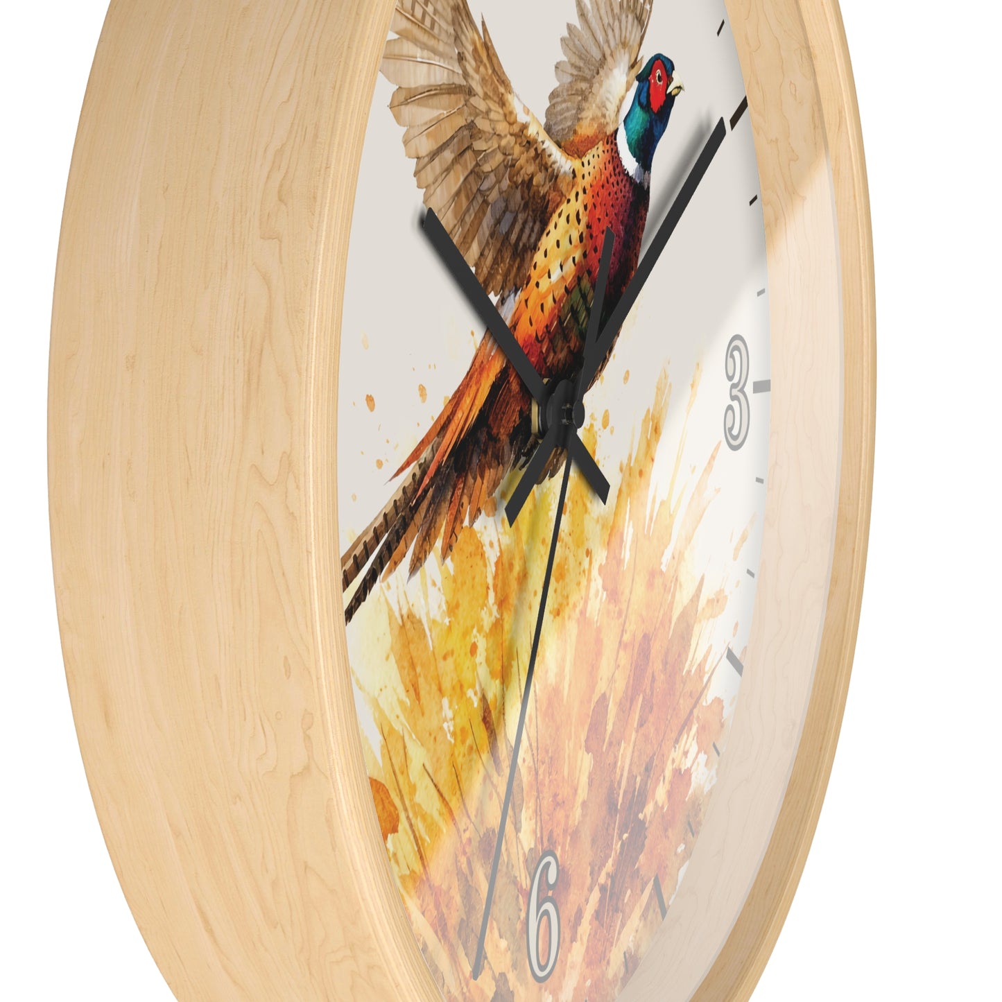 A round wall clock with a light natural wood frame and a printed pheasant bird artwork on the face, shown against a plain white background.