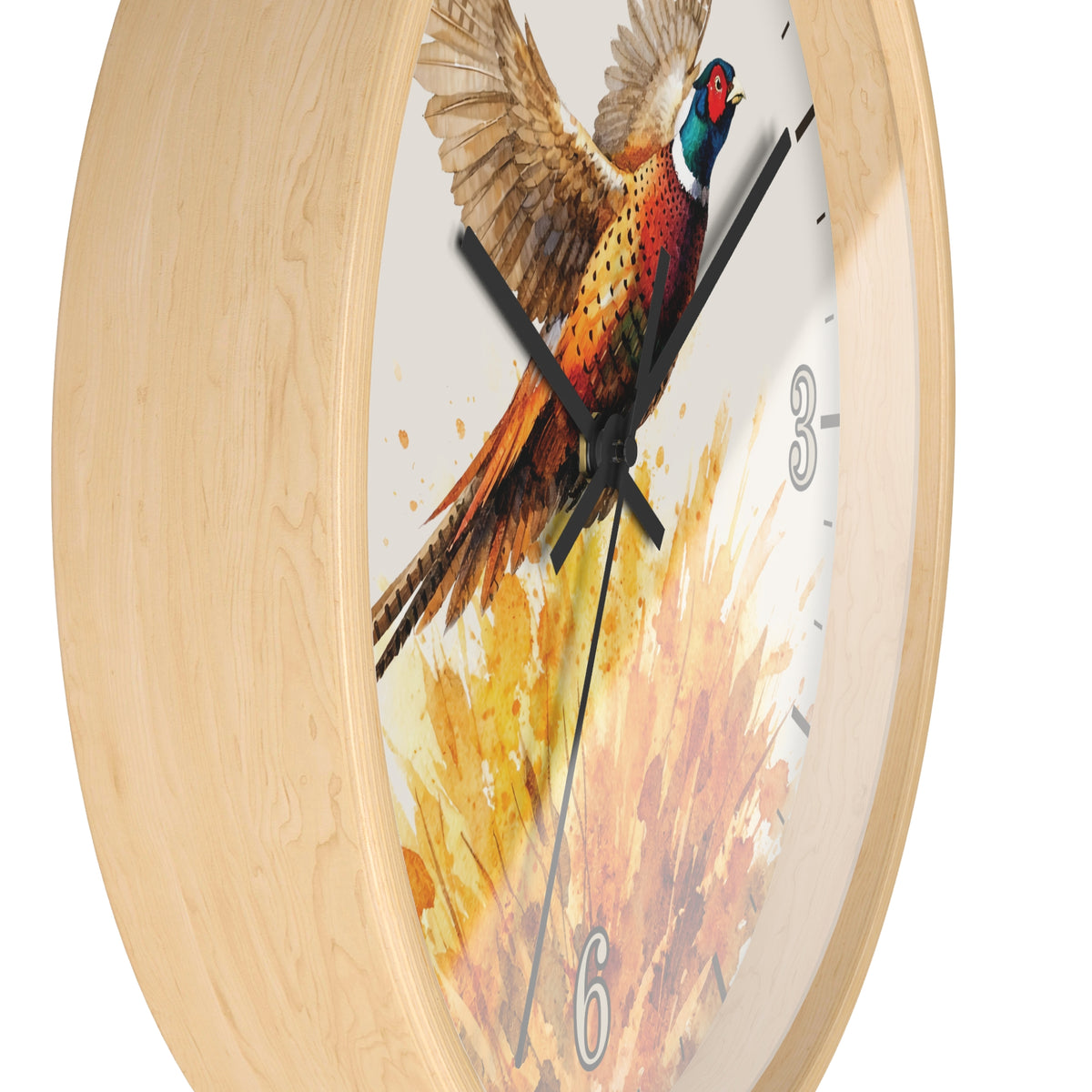 A round wall clock with a light natural wood frame and a printed pheasant bird artwork on the face, shown against a plain white background.