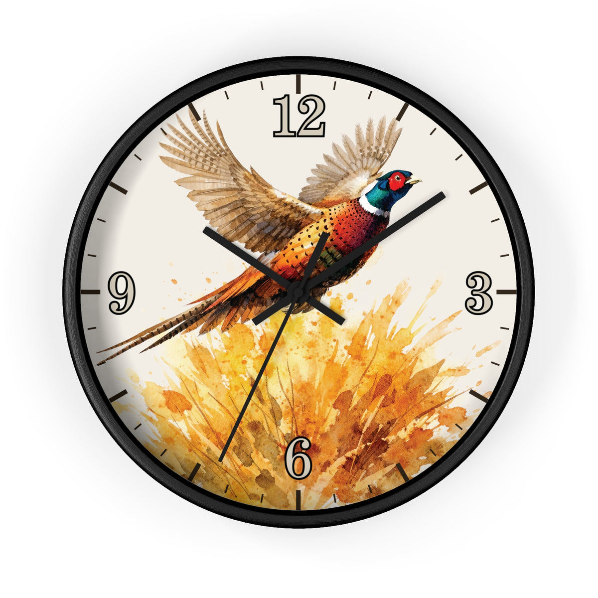 Round wall clock with a black frame and a printed bird-and-floral artwork on the face. The clock has black numerals and hands on a light off-white background, shown against a plain white backdrop.