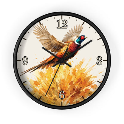 Round wall clock with a black frame and a printed bird-and-floral artwork on the face. The clock has black numerals and hands on a light off-white background, shown against a plain white backdrop.