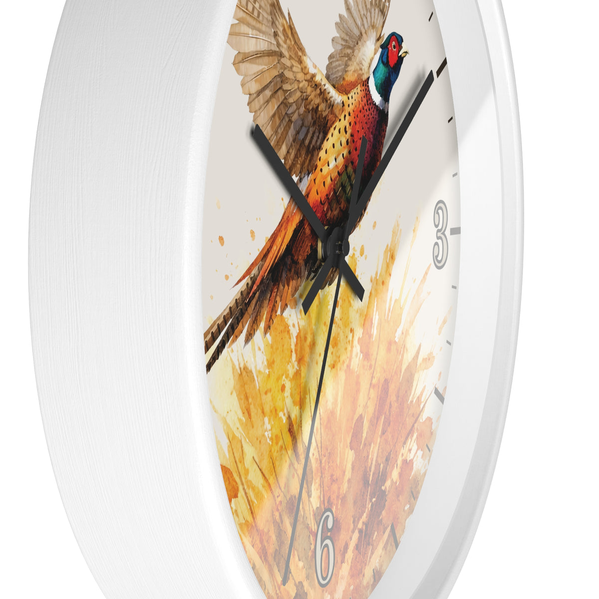 A white round wall clock featuring a watercolor-style pheasant bird illustration on the face, with black hands and gray numerals.