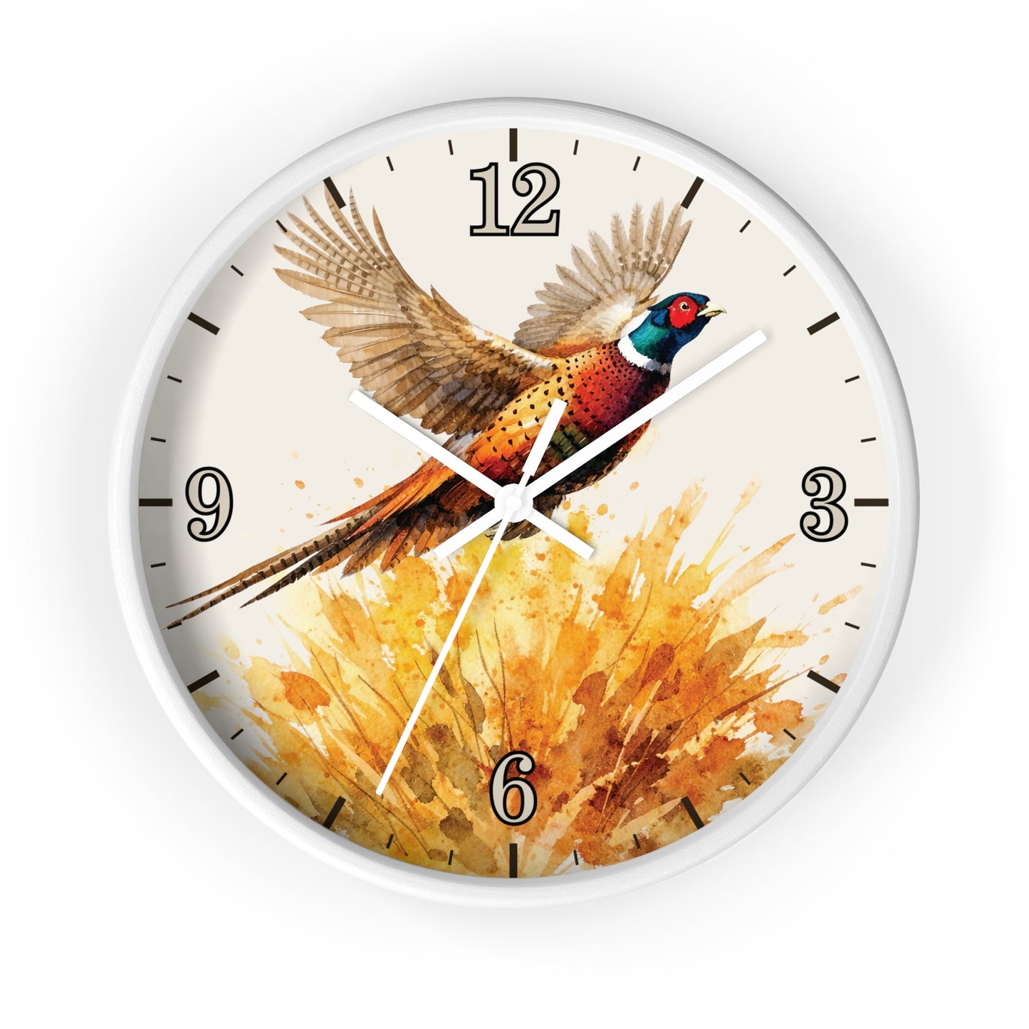 A round wall clock with a white frame and a printed design of a pheasant bird flying over a golden watercolor splash. The clock face is off-white with black Arabic numerals and simple black hour markers, and the clock hands are white.