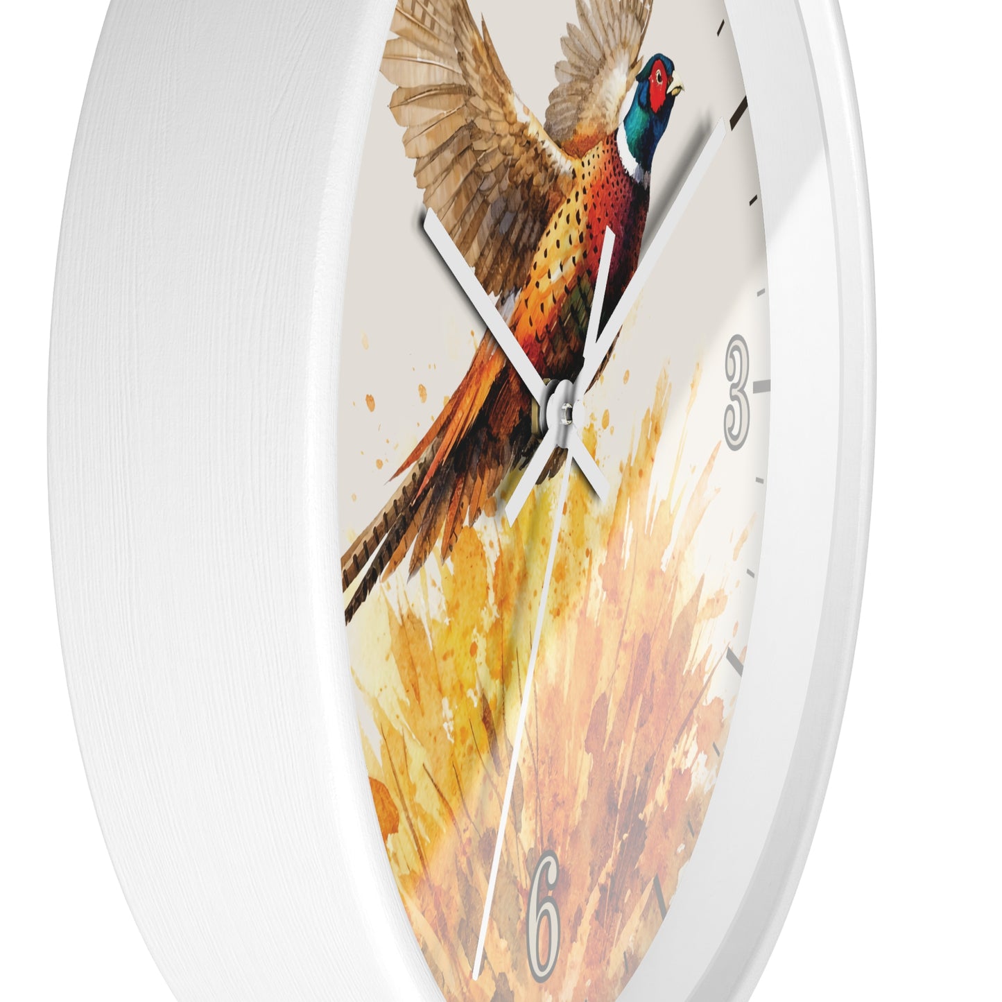 A white round wall clock with a printed pheasant bird artwork on the face, featuring silver hands and black Arabic numerals.