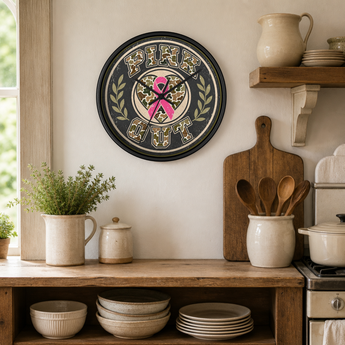 A round black-framed wall clock with a camouflage patterned face, featuring a pink ribbon and the words 'PINK OUT' in camouflage lettering, hanging on a beige wall in a rustic kitchen setting.