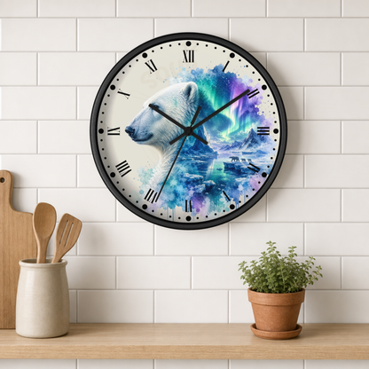 A round wall clock with a black frame hangs on a white subway-tile wall above a wooden shelf. The clock face features a watercolor design of a polar bear over icy landscapes and aurora lights in blue, purple, and teal.