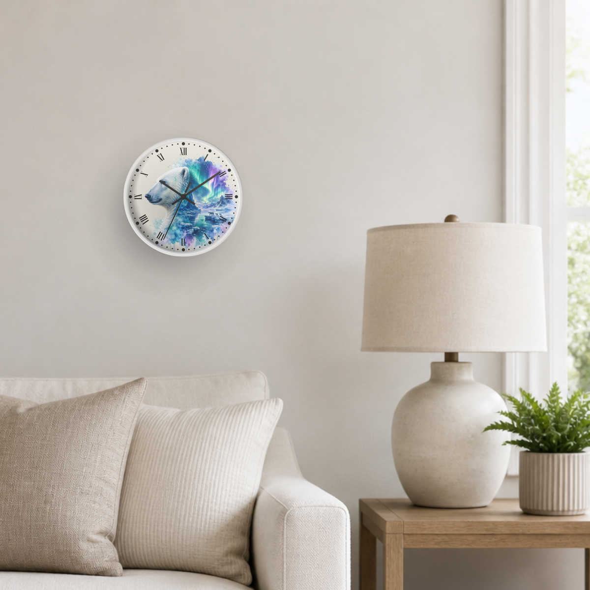 A round wall clock with a colorful polar bear illustration hangs on a light beige wall in a styled living room setting next to a table lamp and a small potted plant.