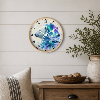 A round wall clock with a light wood frame hangs on a white shiplap wall above a wooden side table. The clock face features a colorful polar bear illustration over a blue and purple watercolor background.