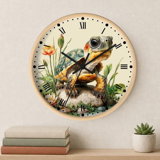 A round wall clock with a light wood frame and a detailed illustration of a tortoise sitting on rocks among flowers, mounted on a beige wall above a shelf with books and a small succulent.