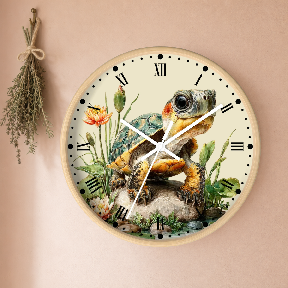 Round wall clock with a vintage-style turtle illustration on the face, mounted on a warm beige wall. The clock has a light wood-toned rim, black Roman numerals, and decorative botanical details around the dial.
