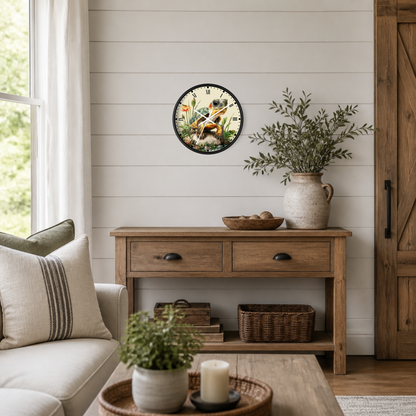 A round wall clock with a black frame and a detailed illustration of a turtle sitting on a rock in the wild, hanging on a white shiplap wall above a rustic wooden console table in a styled living room.