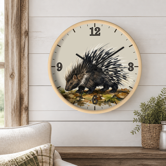 A round wall clock with a light wood frame and a cream dial, featuring an illustration of a porcupine on the lower half and black Arabic numerals. The clock is mounted on a white shiplap wall above a wooden mantel with a small potted plant.