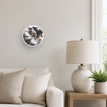 A round wall clock with a detailed wolf illustration, mounted on a beige wall in a modern living room setting next to a lamp and sofa.