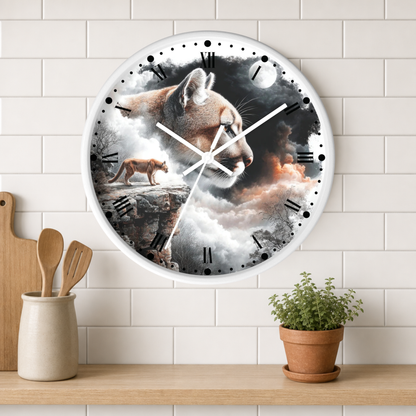 A round wall clock with a white frame hangs on a white subway-tile wall above a wooden shelf. The clock face features a dramatic illustration of a mountain lion in profile, with a smaller lion cub standing on a rock in the background, set against a cloudy sky with a moon.