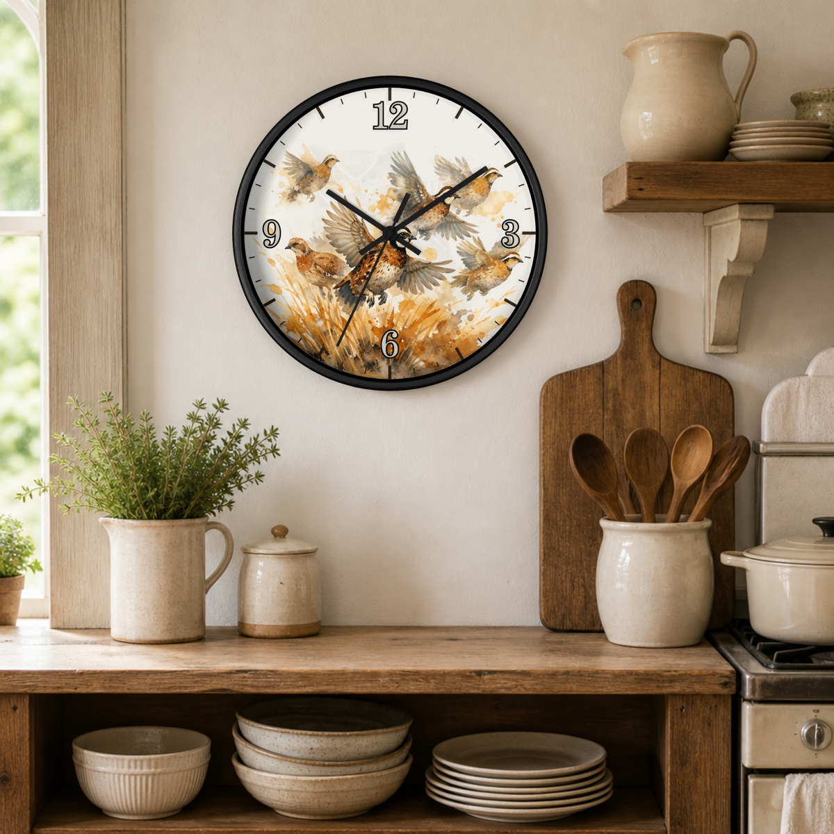 A round wall clock with a black frame hangs on a beige wall in a rustic kitchen setting. The clock face features a watercolor-style illustration of flying birds in warm golden and brown tones over a light background.