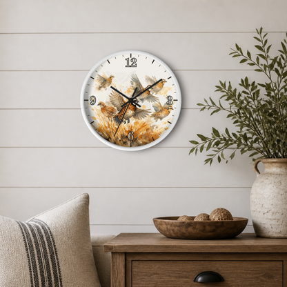 A round wall clock with a white frame and a watercolor-style bird scene printed on the face, mounted on a light wood shiplap wall above a wooden side table with a vase and bowl.