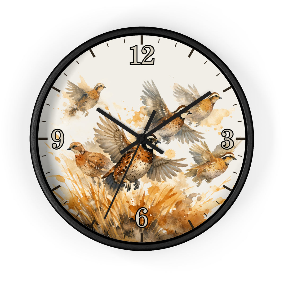 Round wall clock with a black frame and a watercolor-style bird illustration on the face, featuring brown and beige birds over a warm tan background with black numerals and hands.