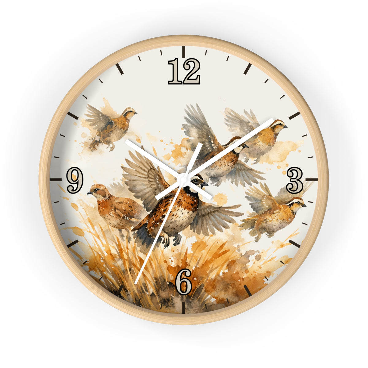 A round wall clock with a light natural wood frame and a watercolor-style bird illustration on the face. The design shows several brown and beige birds in flight over a warm tan and cream background, with black numerals and white clock hands.