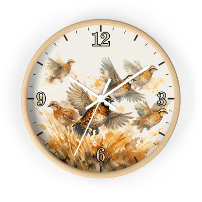 A round wall clock with a light natural wood frame and a watercolor-style bird illustration on the face. The design shows several brown and beige birds in flight over a warm tan and cream background, with black numerals and white clock hands.