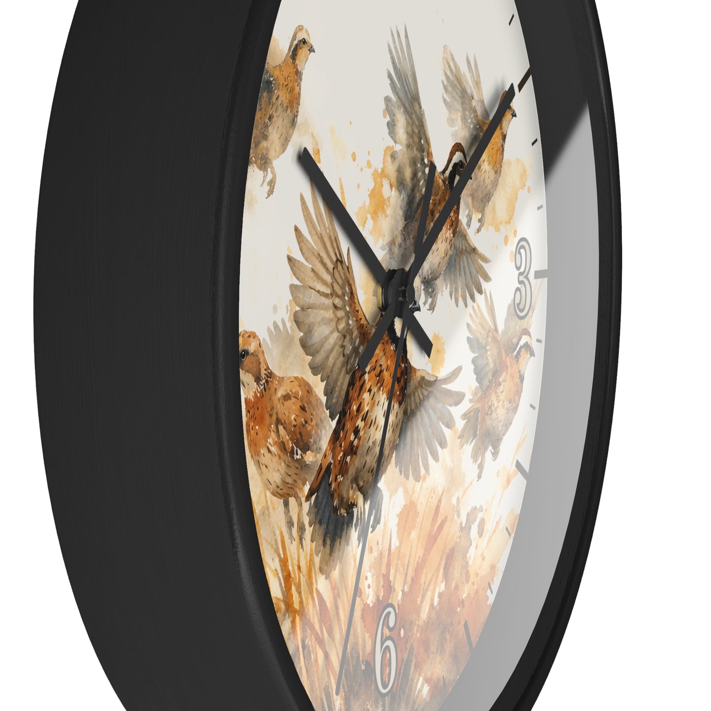 A close-up of a round wall clock with a black frame and a white dial printed with watercolor-style birds in warm brown, beige, and orange tones. The clock is shown at an angle against a plain white background.