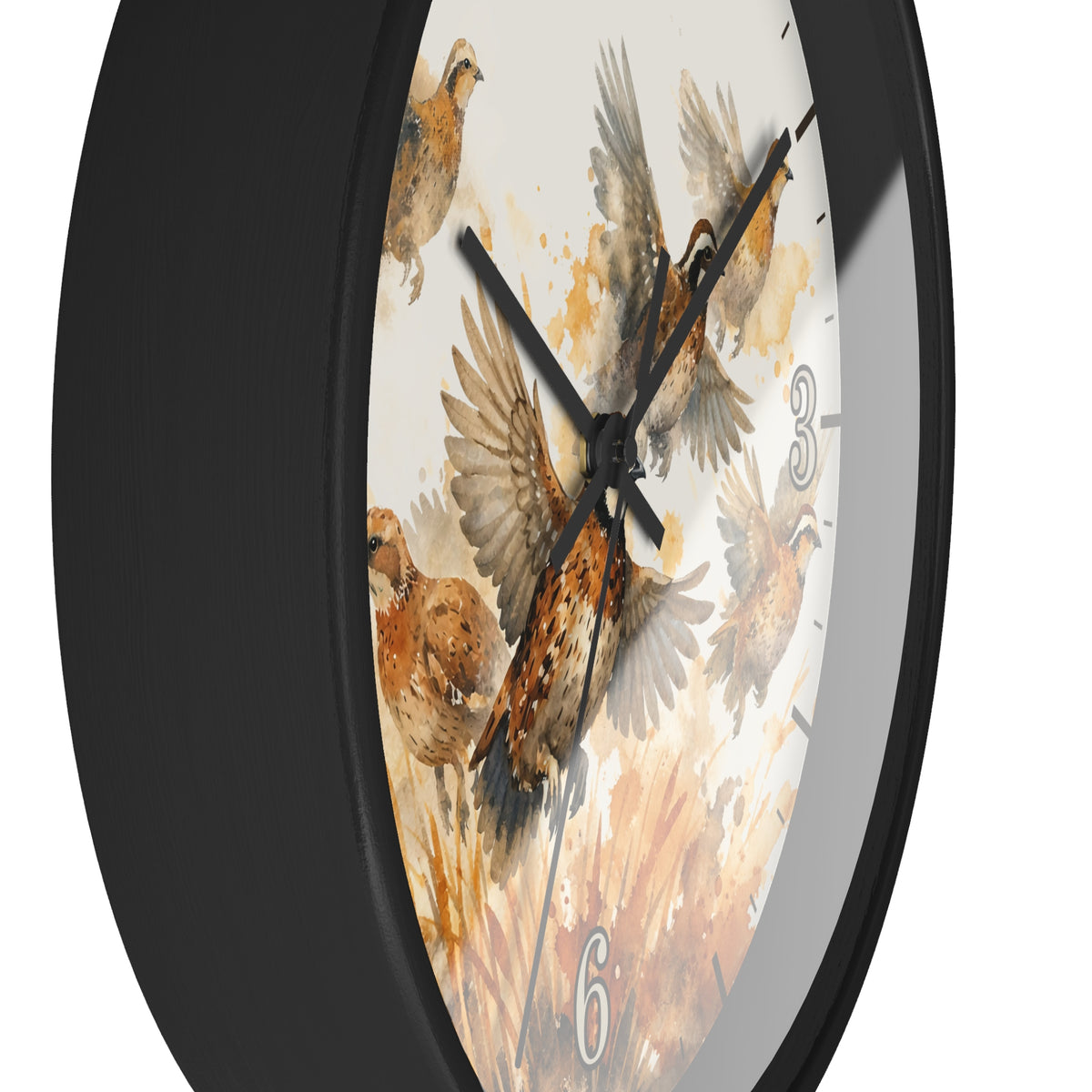 A close-up of a round wall clock with a black frame and a white dial printed with watercolor-style birds in warm brown, beige, and orange tones. The clock is shown at an angle against a plain white background.