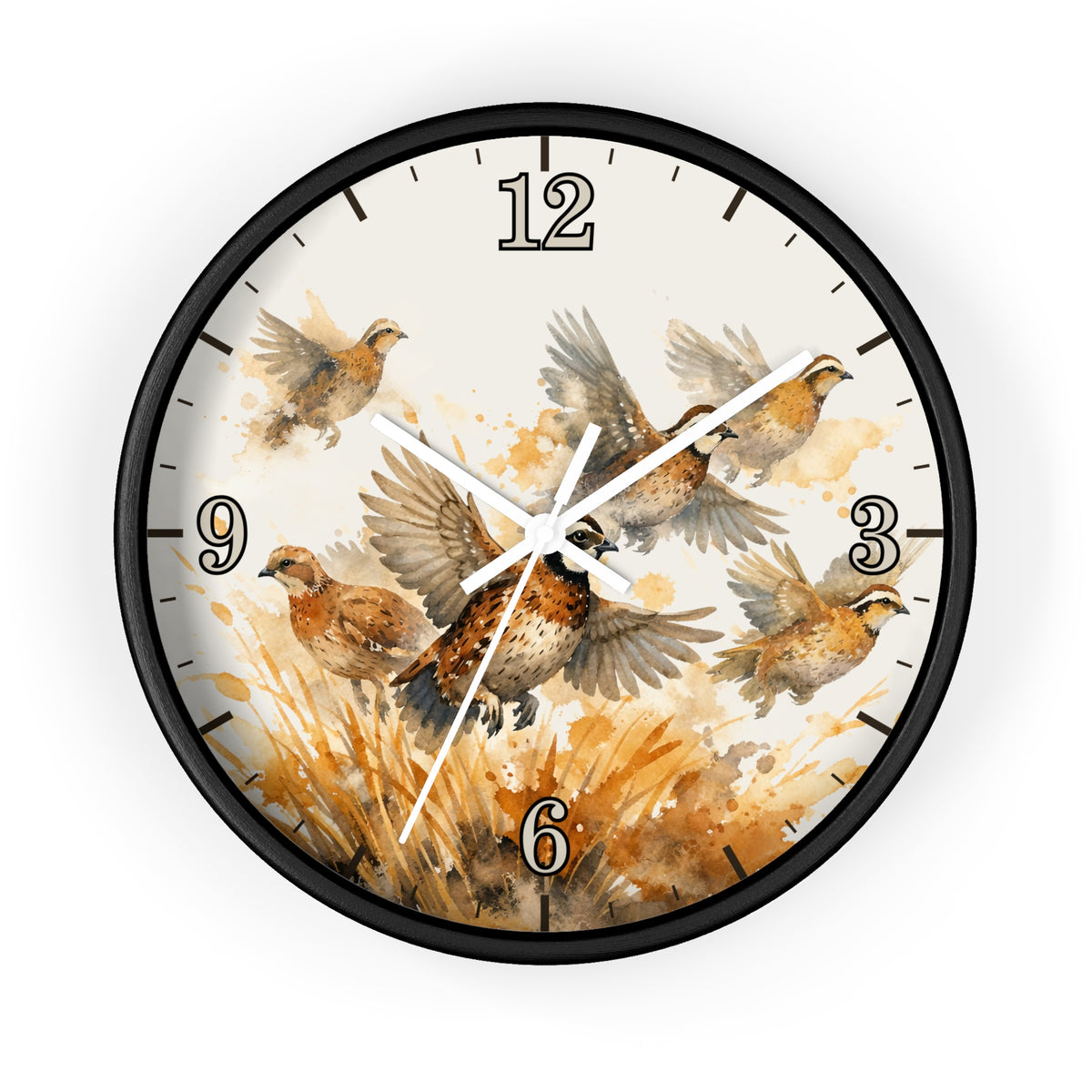 Round wall clock with a black frame and a watercolor-style bird illustration on the face, shown against a plain white background.