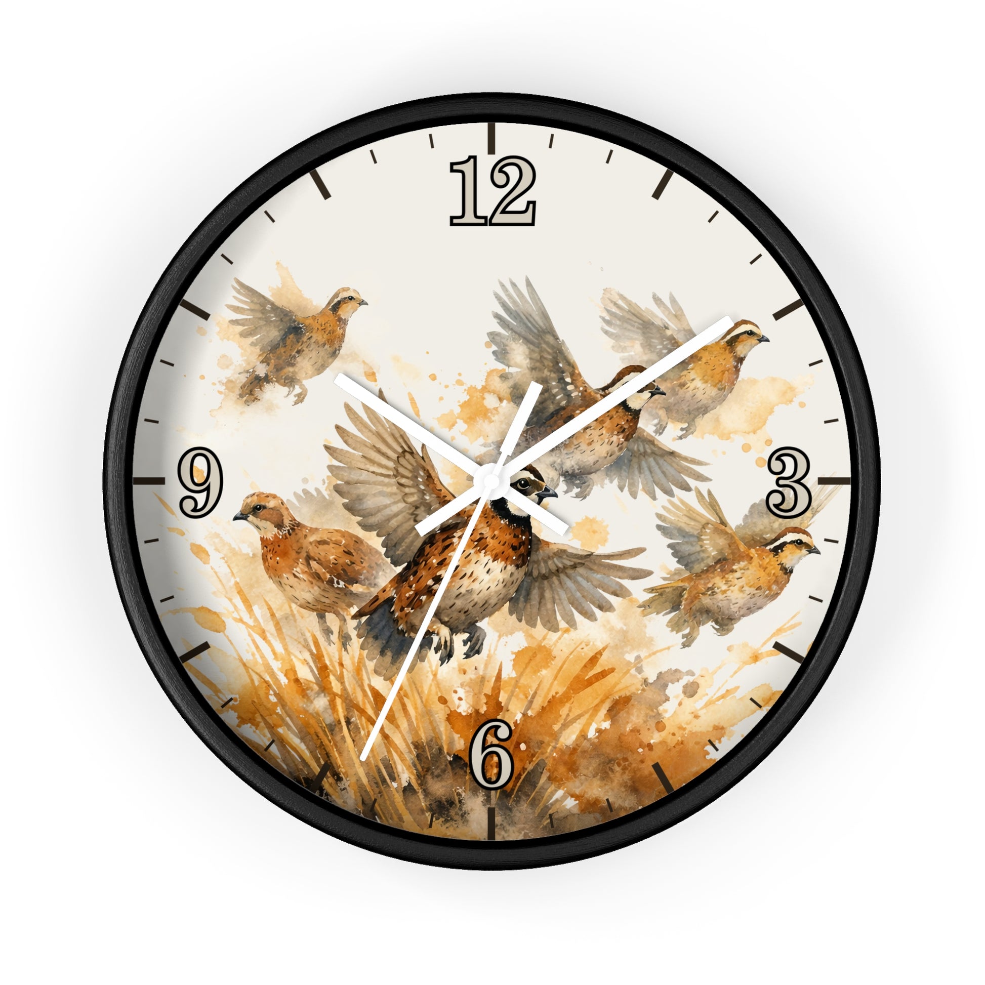 Round wall clock with a black frame and a watercolor-style bird illustration on the face, shown against a plain white background.