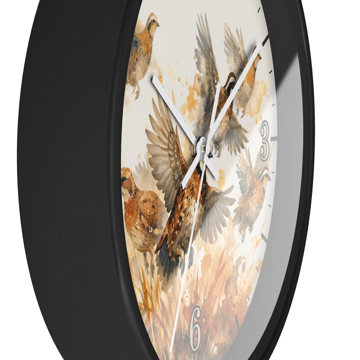 A round wall clock with a black frame and a white dial printed with a watercolor-style illustration of flying brown birds and beige brushstrokes. The clock is shown at an angle against a plain white background.